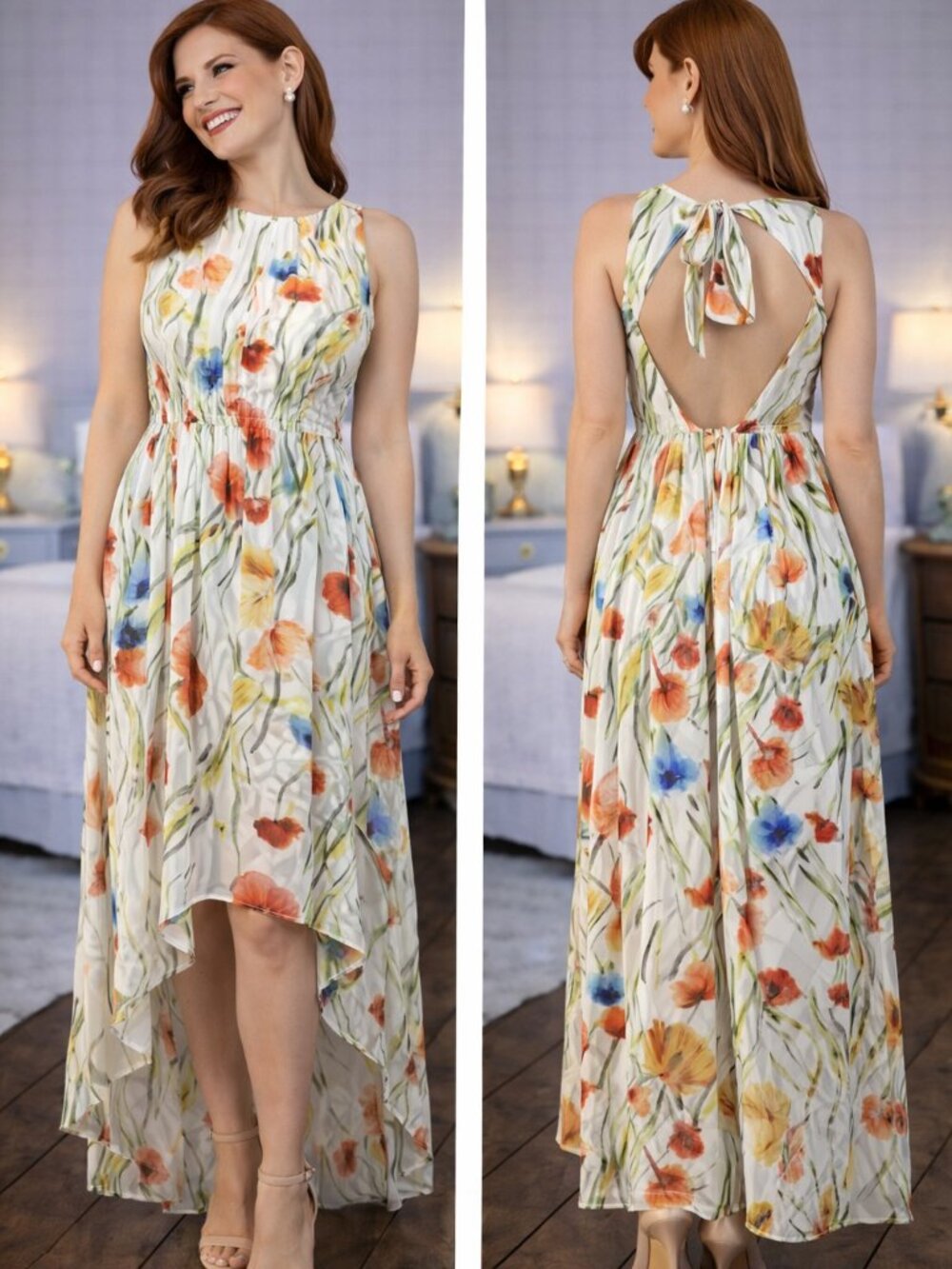 New Alice + Olivia Mel Open Back Gathered High-Low Maxi Dress Exotic Poppy